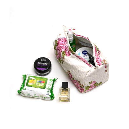 RUSSINE ROSE BOUQUE HAND BLOCK COTTON PRINTED  QUILTED TOILETRY POUCH