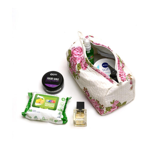 RUSSINE ROSE BOUQUE HAND BLOCK COTTON PRINTED  QUILTED TOILETRY POUCH