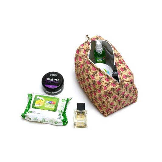 PEACELILY YELLOW HAND BLOCK COTTON PRINTED QUILTED TOILETRY POUCH