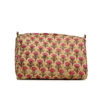 PEACELILY YELLOW HAND BLOCK COTTON PRINTED QUILTED TOILETRY POUCH
