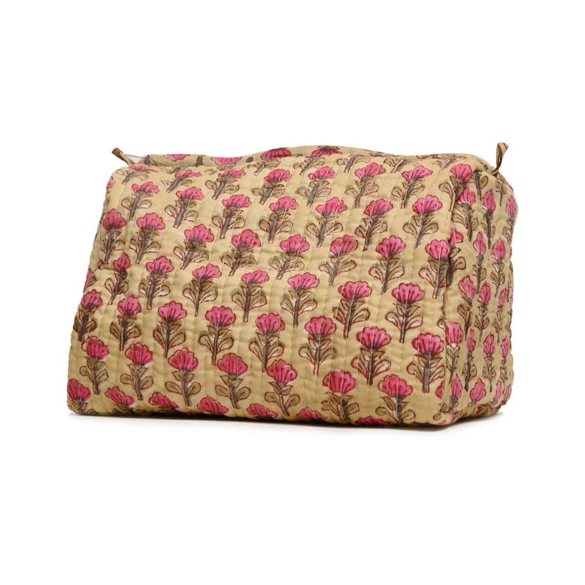 PEACELILY YELLOW HAND BLOCK COTTON PRINTED QUILTED TOILETRY POUCH