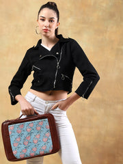 FLOATING WATER LILY IN OCEAN HAND BLOCK COTTON PRINTED & VEGAN LEATHER LAPTOP SLEEVE BAG 13″