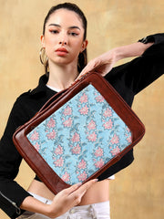 FLOATING WATER LILY IN OCEAN HAND BLOCK COTTON PRINTED & VEGAN LEATHER LAPTOP SLEEVE BAG 13″