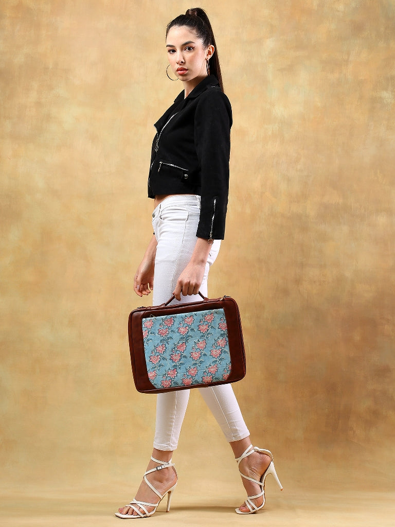FLOATING WATER LILY IN OCEAN HAND BLOCK COTTON PRINTED & VEGAN LEATHER LAPTOP SLEEVE BAG 13″