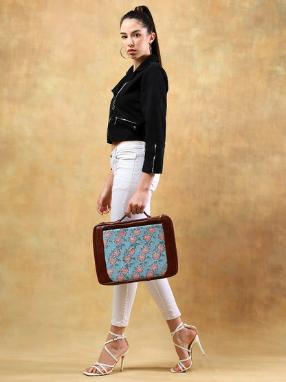 FLOATING WATER LILY IN OCEAN HAND BLOCK COTTON PRINTED & VEGAN LEATHER LAPTOP SLEEVE BAG 13″
