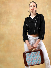 FLOATING WATER LILY IN OCEAN HAND BLOCK COTTON PRINTED & VEGAN LEATHER LAPTOP SLEEVE BAG 13″