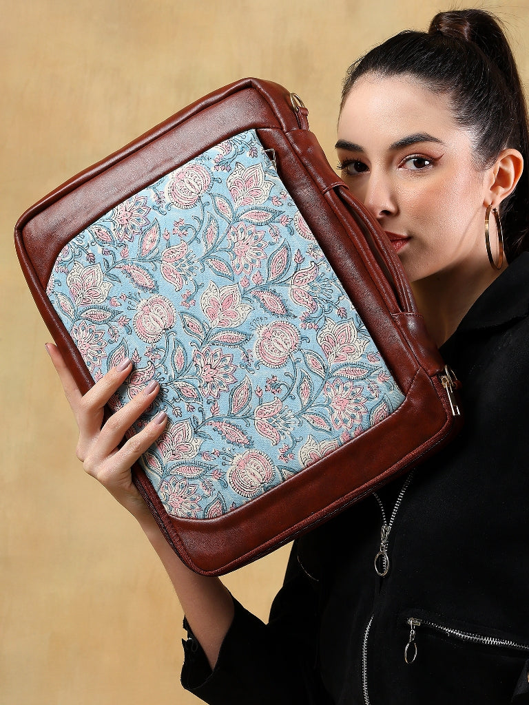 OPIUM POPPY JAAL  HAN BLOCK COTTON PRINTED & VEGAN LEATHER BLUE LAPTOP SLEEVE 13″