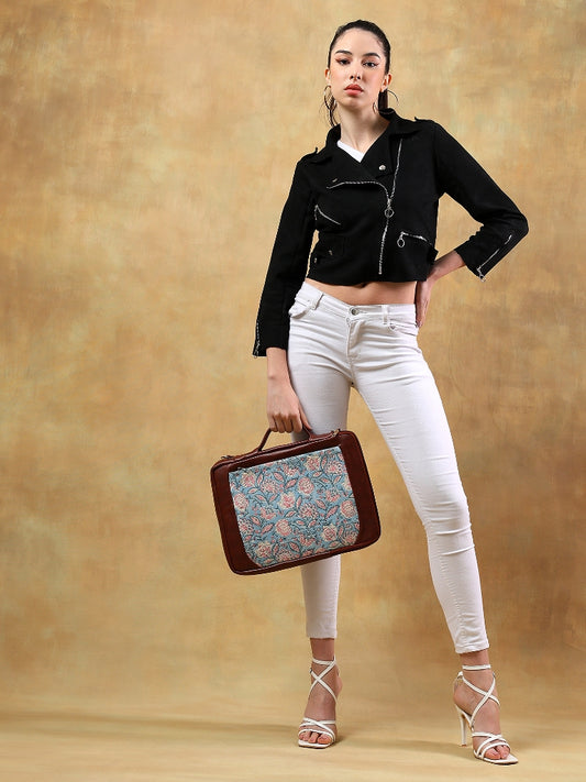 OPIUM POPPY JAAL  HAN BLOCK COTTON PRINTED & VEGAN LEATHER BLUE LAPTOP SLEEVE 13″