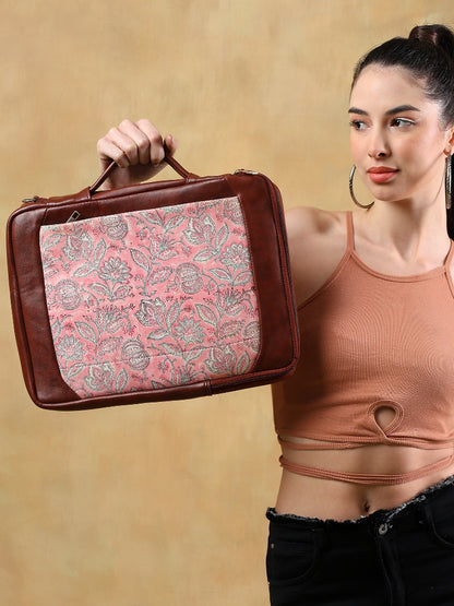 OPIUM POPPY JAAL_ HAND BLOCK COTTON PRINTED & VEGAN LEATHER  PINK LAPTOP SLEEVE 13″