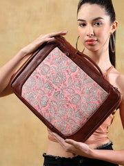 OPIUM POPPY JAAL_ HAND BLOCK COTTON PRINTED & VEGAN LEATHER  PINK LAPTOP SLEEVE 13″